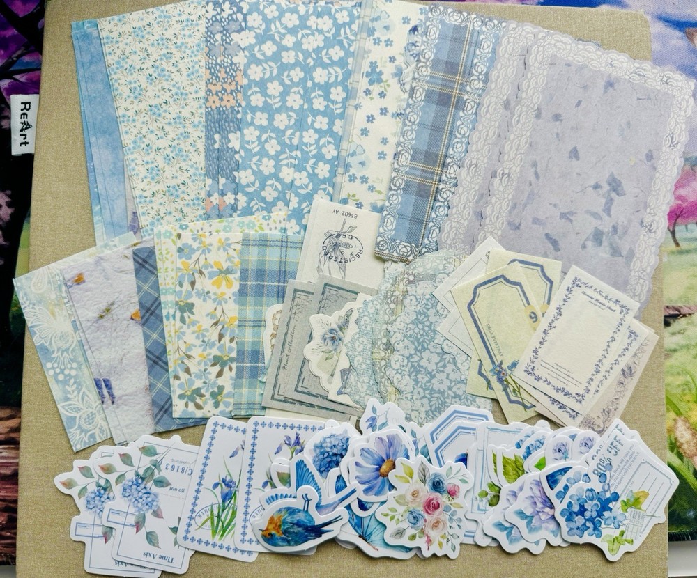Blue Floral Butterfly Bird Scrapbooking Mixed Supplies – Paper & Stickers 10 pcs