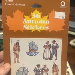 Vintage Thanksgiving Stickers 4 Pkgs Turkey Pilgrims Ship Indian Leaves AEC