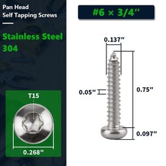 100 Pcs #6 x 3/4 Torx Pan Head Sheet Metal Screws with Bit, 304 Stainless Ste…