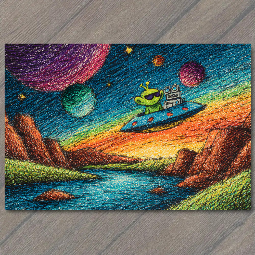STICKER Alien UFO Robot Over Canyon River Under Planets Cosmic Night Sky Stars