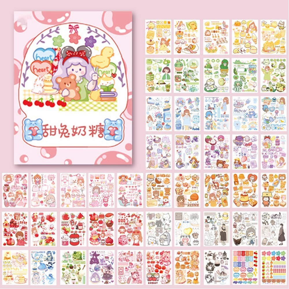 Kawaii Washi Stickers Set (50 Sheets) Cute Girl Pets Sweet Food Drink Adhesiv…