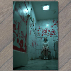 STICKER Blue Haired Girl Sitting Toilet Bloody Handprints Horror Bathroom