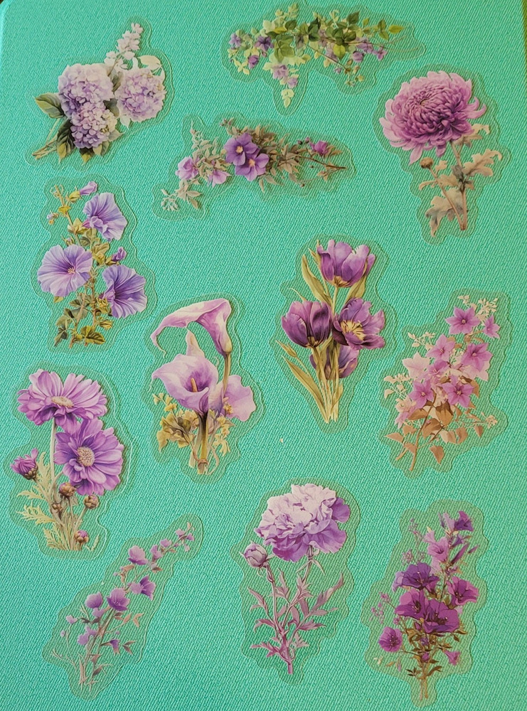 PK2 12pc individual Purple & Pink Floral Transparent Crafting Multiuse Stickers