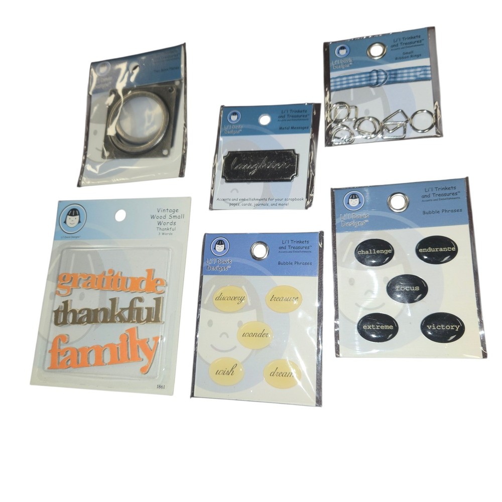 Li’l Davis Designs Scrapbooking Embellishments Lot Metal Wood Bubble Phrases