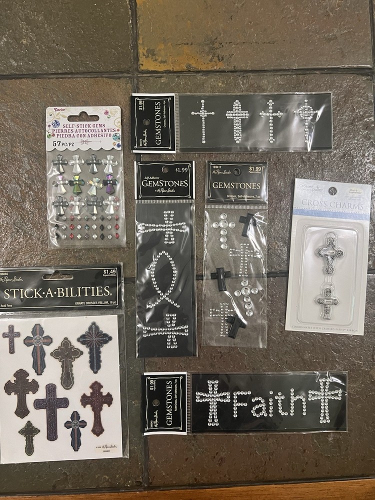 Huge Lot Scrapbook Religious Cross Charms Vellum Stickers Gemstones