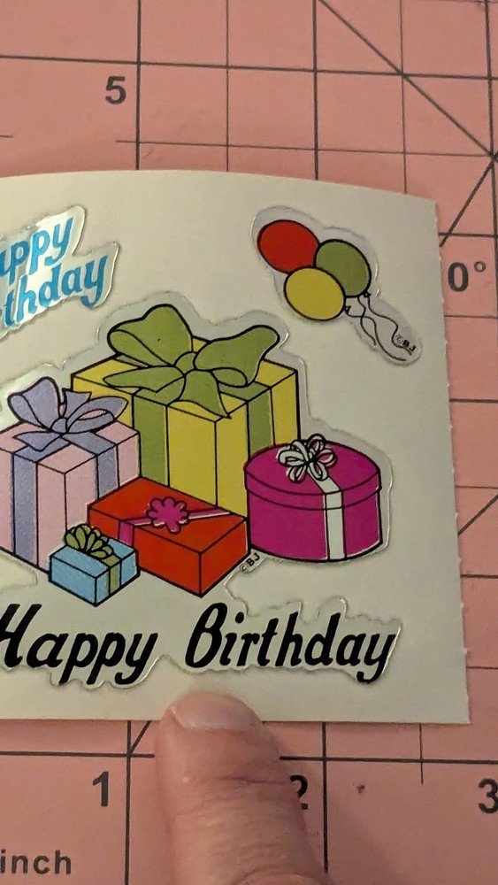 Vintage Stickers BJ Foil Mylar Happy Birthday Balloons Presents 1 Mod 3″X 3″