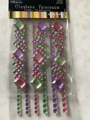 CRYSTAL STICKER 2 SHEETS CLUSTERS PINK PURPLE GREEN GEMSTONES MULTI-SIZE 9PCS