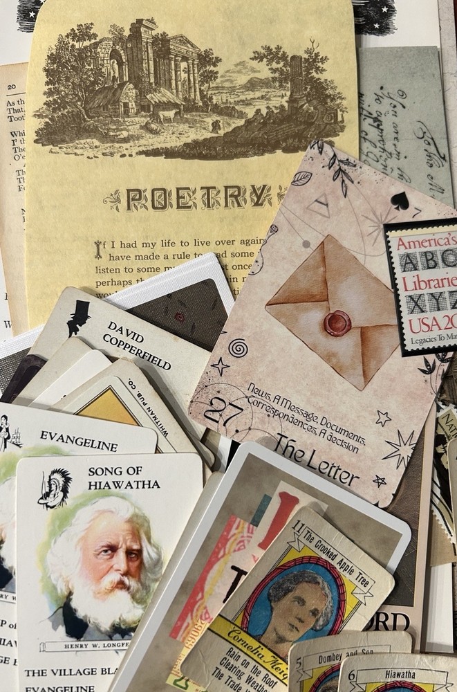 Vintage Book Lovers Junk Journal-book pages & cutout playing cards stamps & more
