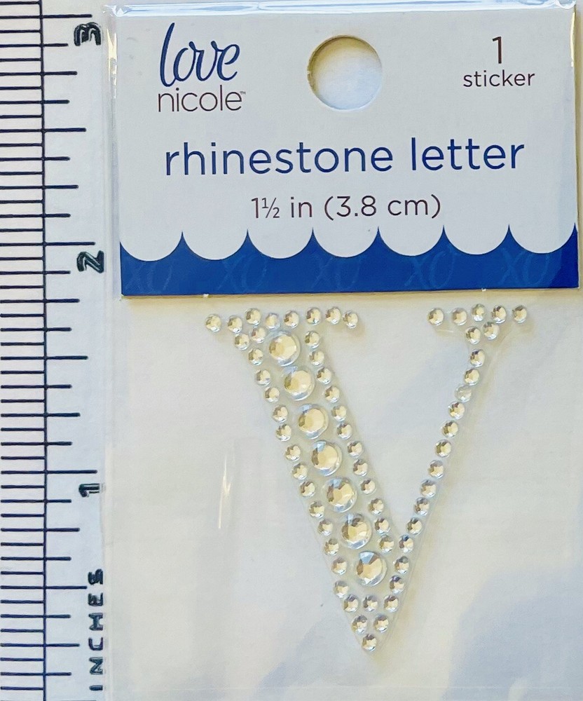 Letter V Rhinestone Sticker 1.5″ Clear Silver Glitter Scrapbook Monogram Bling