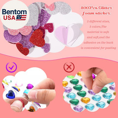 872 Pcs Valentines Heart Stickers, 3 Sizes 5 Colors Self-Adhesive Glitter Foam H