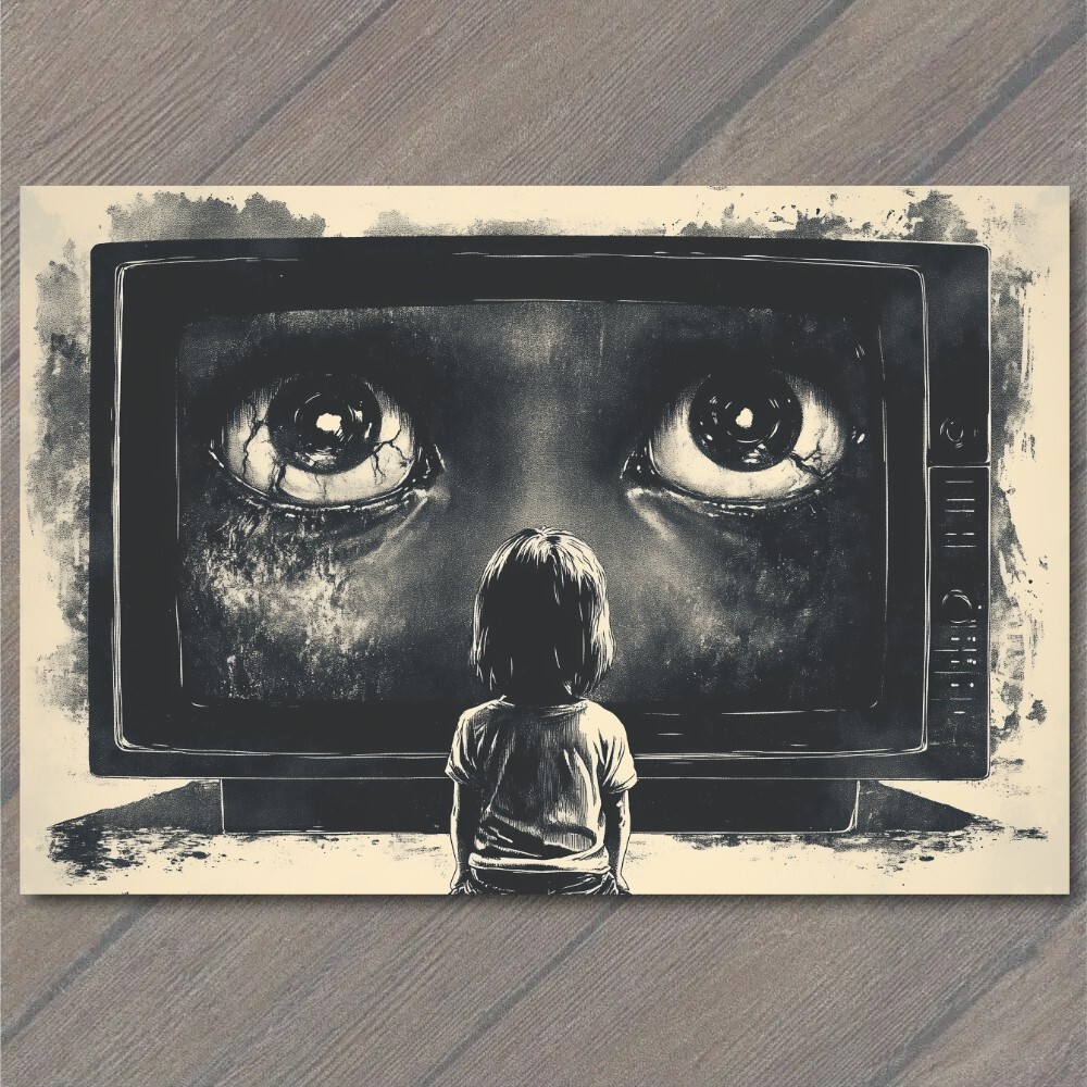 STICKER Girl Staring TV Set Haunted Eyes Look Child Black Horror Creepy Weird