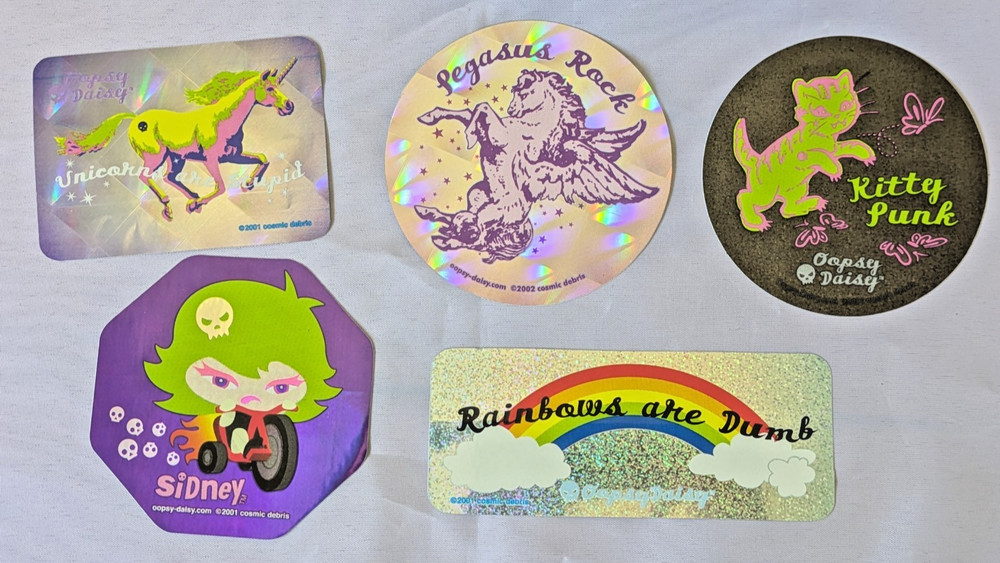 LOT of 5 NEW snarky skate stickers Yum Pop unicorns are stupid Oopsy Daisy punk