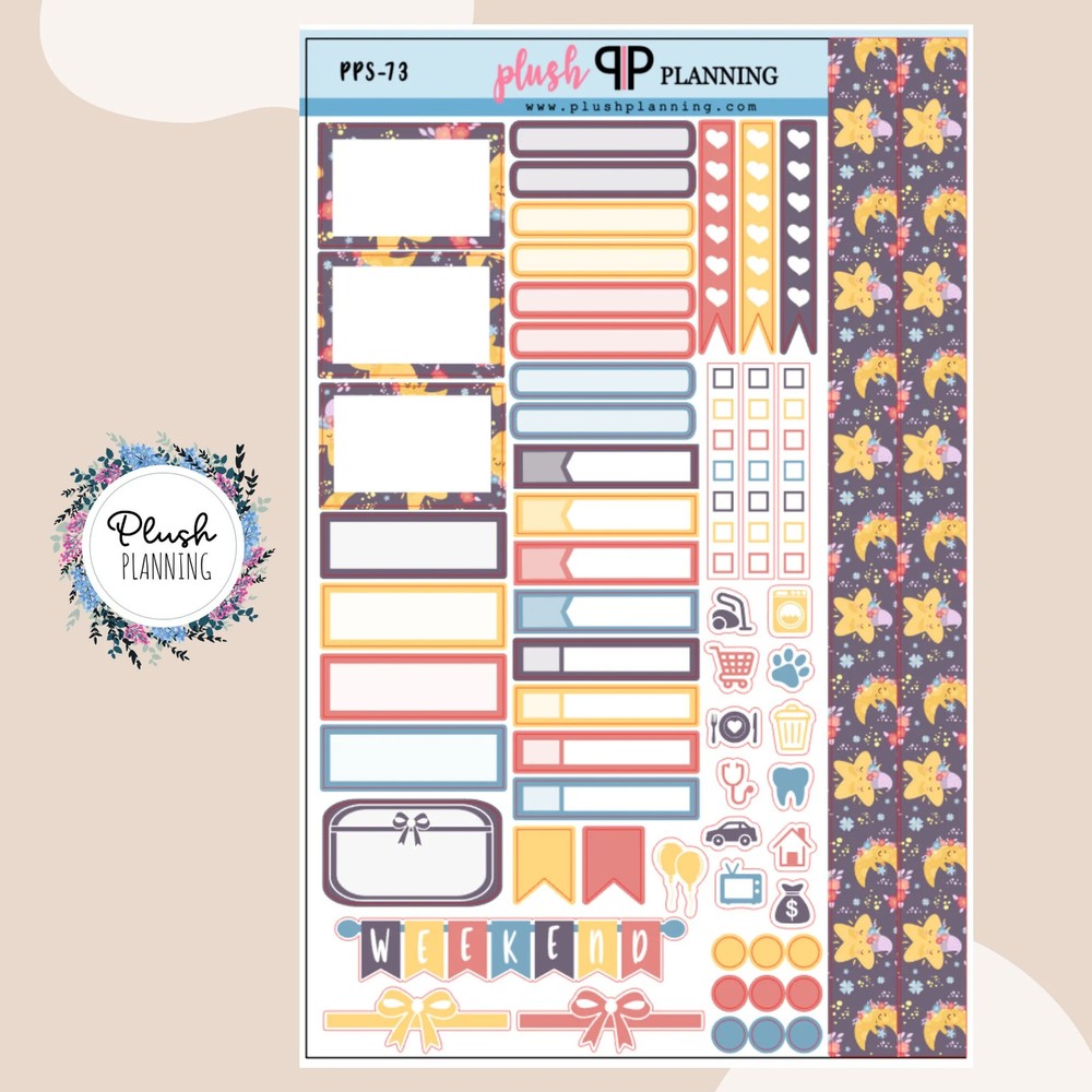 Twinkling Night Friends Moon and Stars Pattern Sampler Planner Stickers, Moon