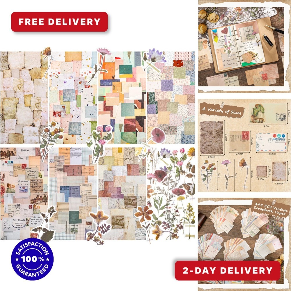 445 Pcs Vintage Scrapbook Paper Kit with Floral Stickers