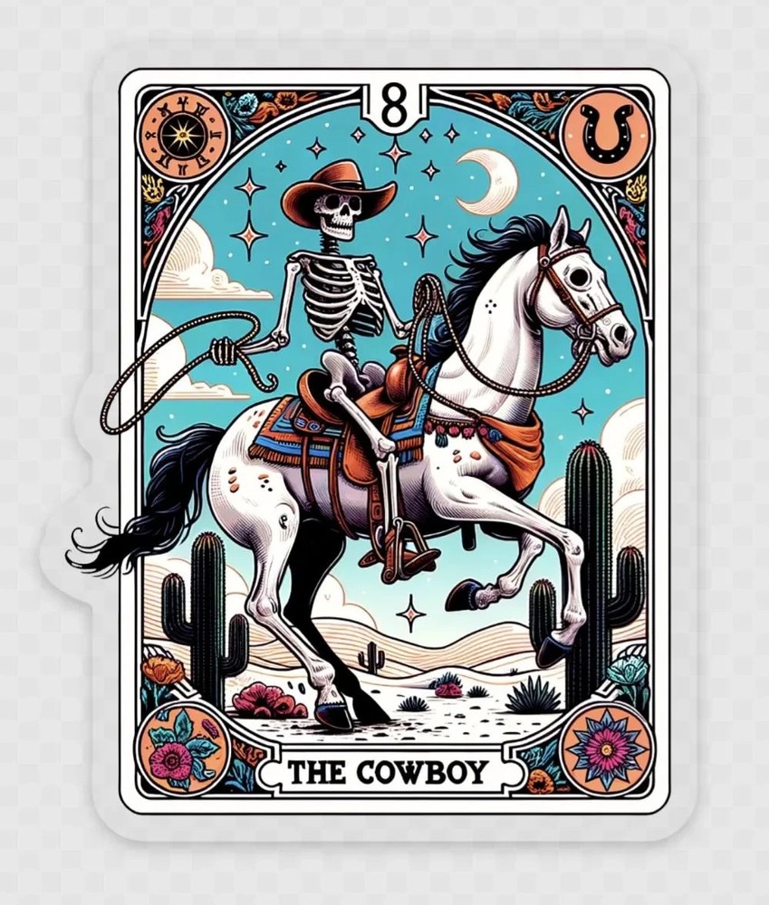 The Cowboy Tarot Card Waterproof Sticker Western Gothic Skeleton