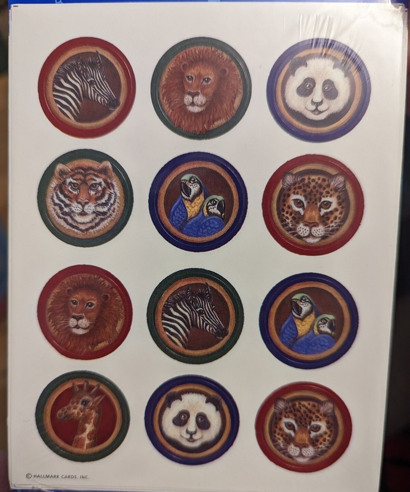 Vintage Hallmark Stickers Animals Panda tiger Lion zebra parrot giraffe 1 sheet