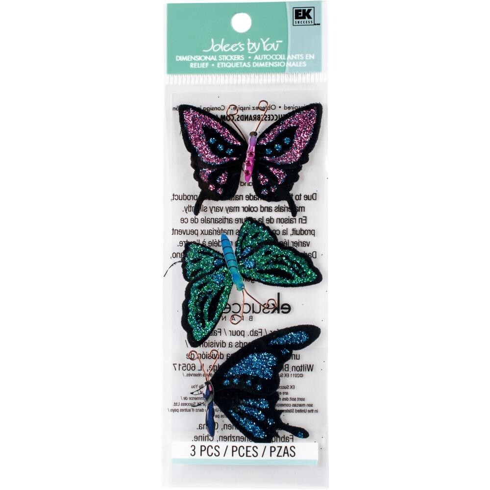 Crafts Stickers Jolee’s Small Glitter Butterflies Pink Green Blue Dimensional