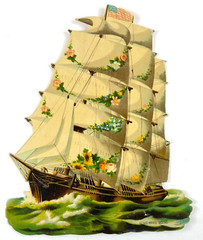Vintage Sail Ship at Sea Beautiful Huge Die Cut Homeward Bound US Flag 11×8.75″