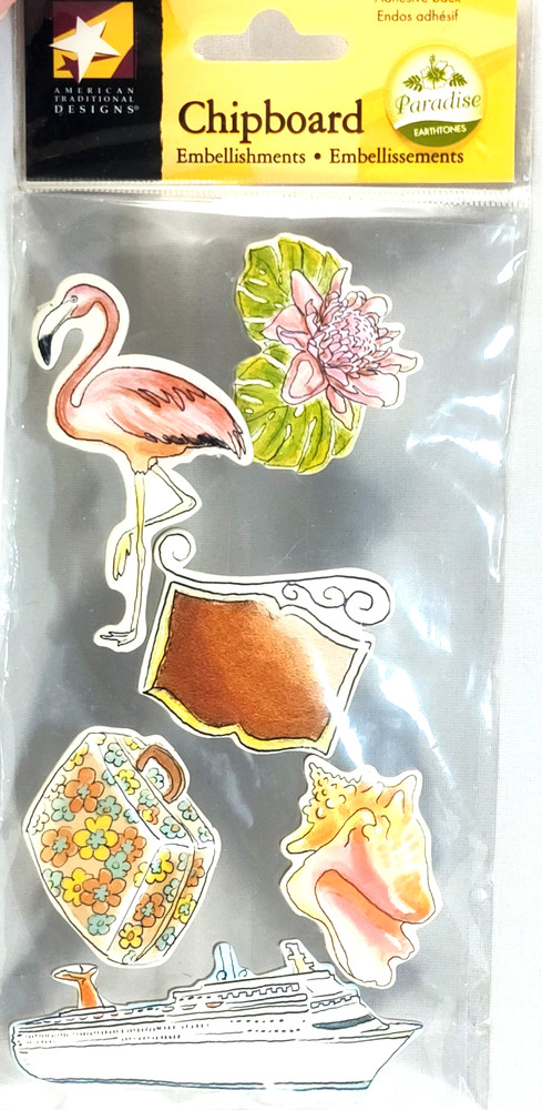 Paradise Tropical Cruise Ship Pink Flamingo Seashell Suitcase Chipboard Sticker