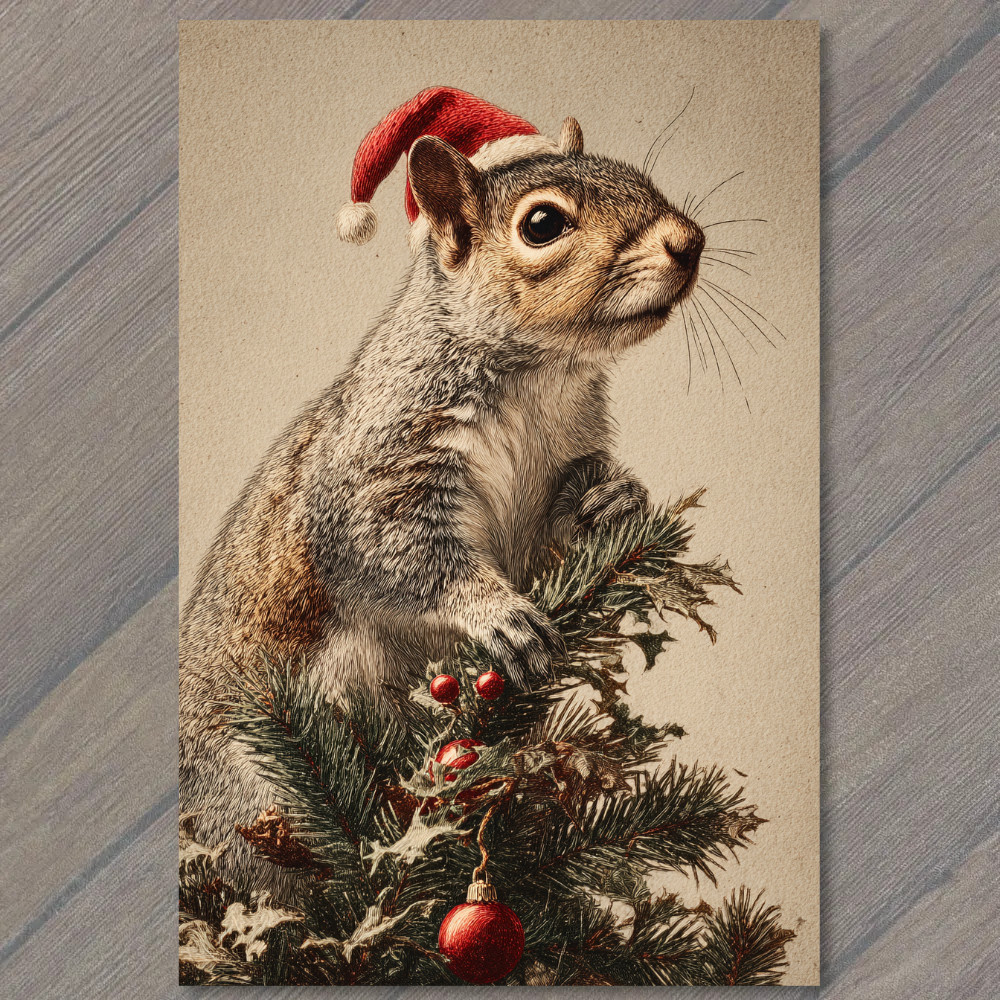 STICKER Squirrel Santa Hat Christmas Tree Ornament Festive Holiday Woodland An