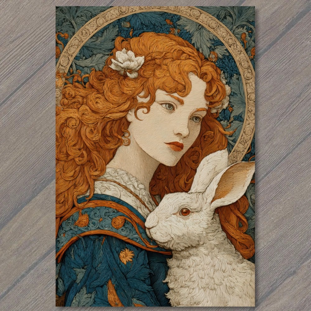 STICKER Redhead Lady White Rabbit Portrait Art Nouveau Floral Halo Ornate