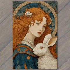 STICKER Redhead Lady White Rabbit Portrait Art Nouveau Floral Halo Ornate