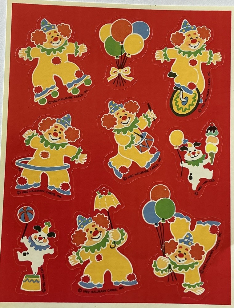 HAPPY CLOWN Sticker(9pc) Hallmark•Circus*Vintage 1982*Balloon*Trick*Card Making