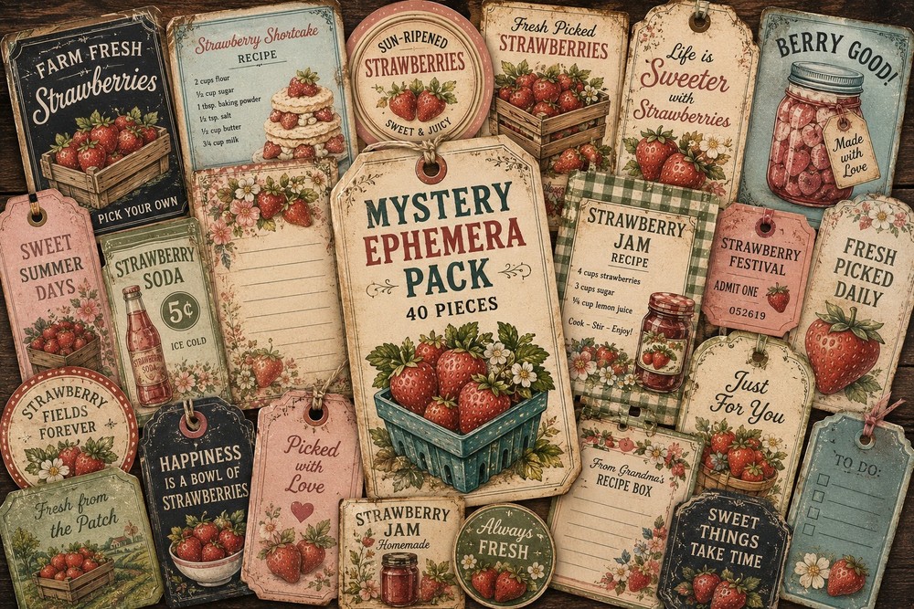 Vintage Strawberry Mystery Ephemera Pack | 40 Printed Farmhouse Paper Pieces