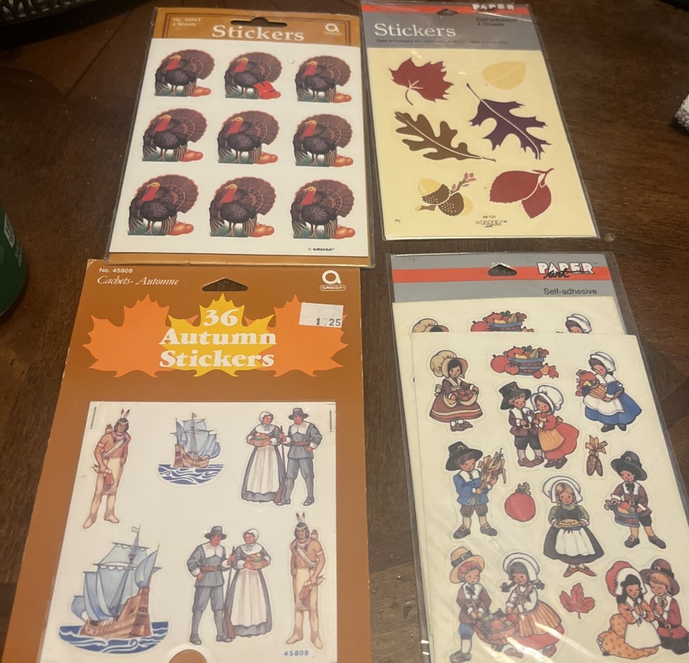 Vintage Thanksgiving Stickers 4 Pkgs Turkey Pilgrims Ship Indian Leaves AEC