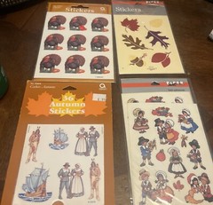 Vintage Thanksgiving Stickers 4 Pkgs Turkey Pilgrims Ship Indian Leaves AEC