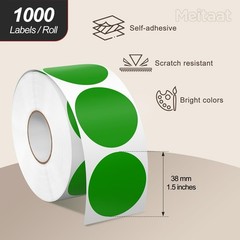 1.5 Inches Green Circle Stickers Roll 1000 PCS, Self-Adhesive Vinyl Round Col…