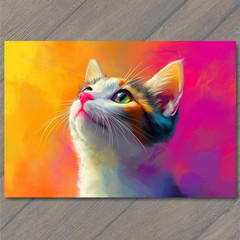 STICKER Calico Kitten Pink Nose Bright Eyes Yellow Orange Purple Painted Backd
