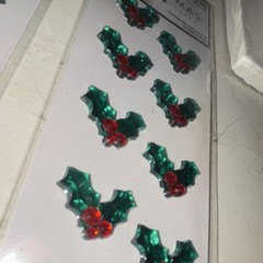 Christmas Paper Crafts Holly Gems Rhinestone Stickers Green/Red 8pc 633959