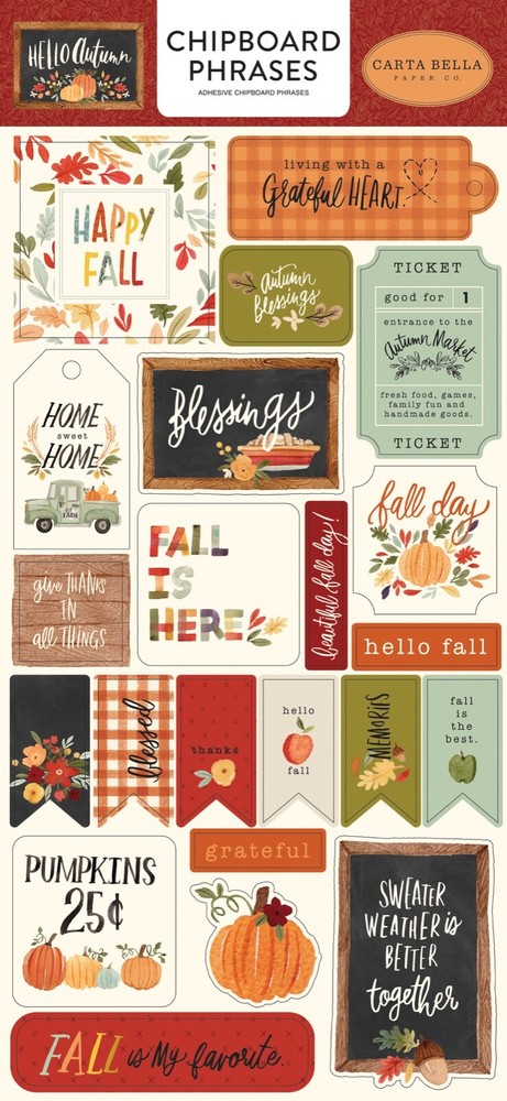 Carta Bella Paper HELLO AUTUMN 6×13 Sheet of Chipboard Phrases