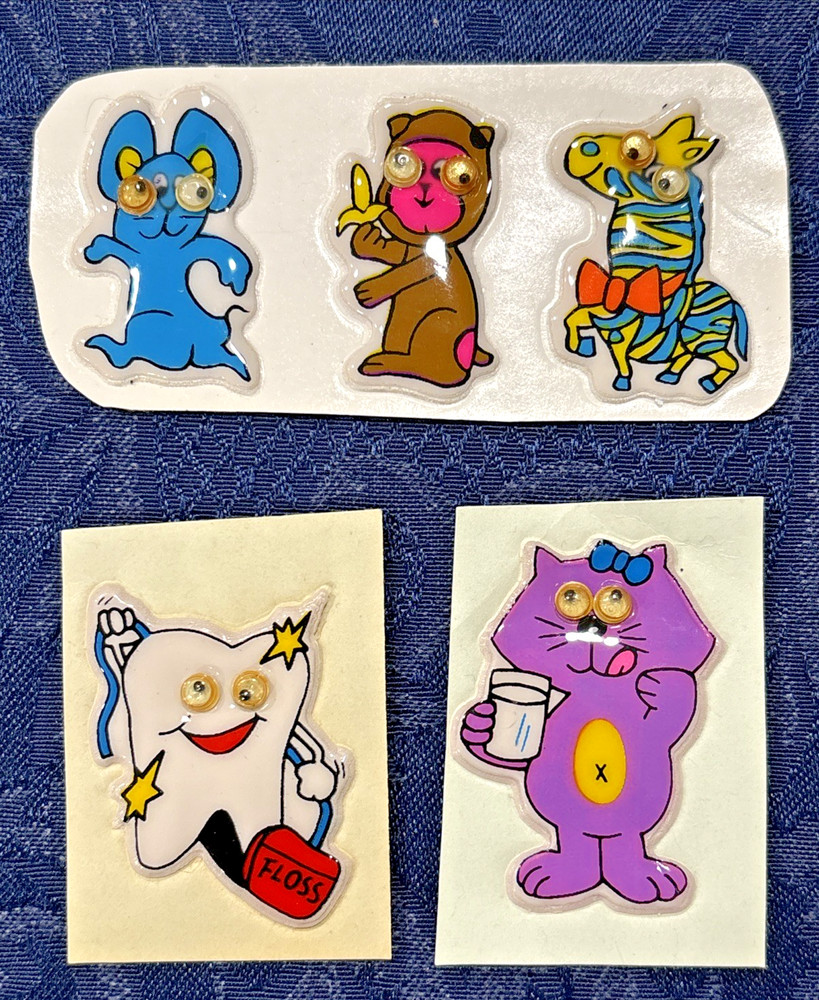 Vintage Googly-Eye Puffy Stickers Lot of 5 Kitten Horse Tooth Mouse Monkey