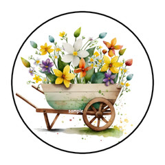 30 FLOWERS IN WHEELBARROW STICKERS ENVELOPE SEALS LABELS 1.5″ ROUND WILDFLOWERS