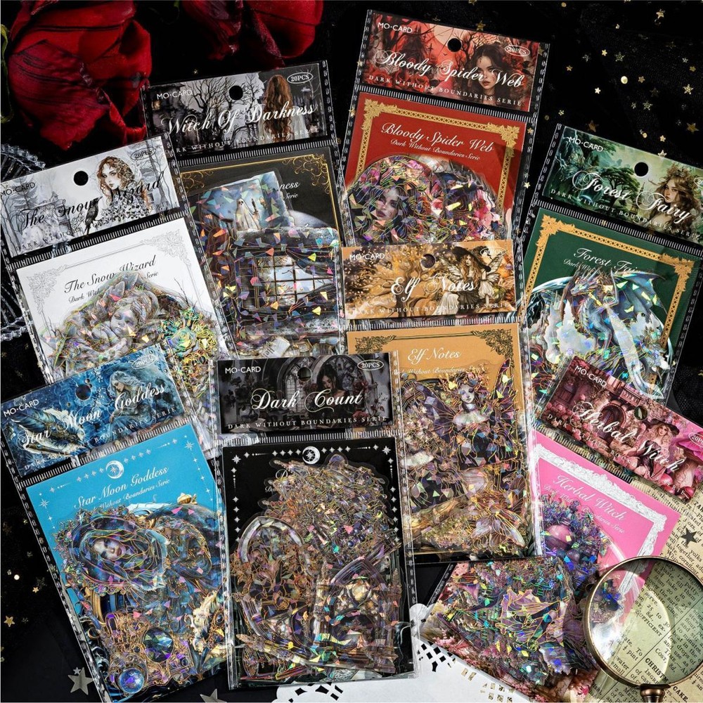 20Pcs Magic Holographic PET Stickers Witch Lady Junk Journal Decorative Sticker