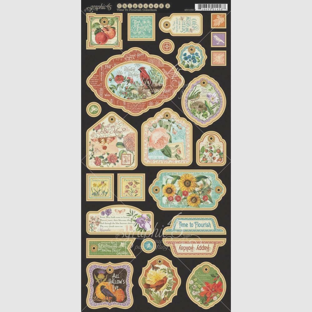 Graphic 45 Time to Flourish Collection Seasons Chipboard Tags Buttons Accents