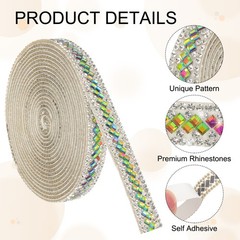 3 Yard Rhinestone Ribbon, 3mm x 3mm Crystal Rhinestone Strips, Rainbow