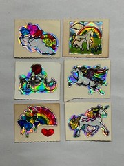 Vintage BJ ‘on the roll’ Sm Stickers Unicorn Rainbow Hearts Prism Kitten Balloon