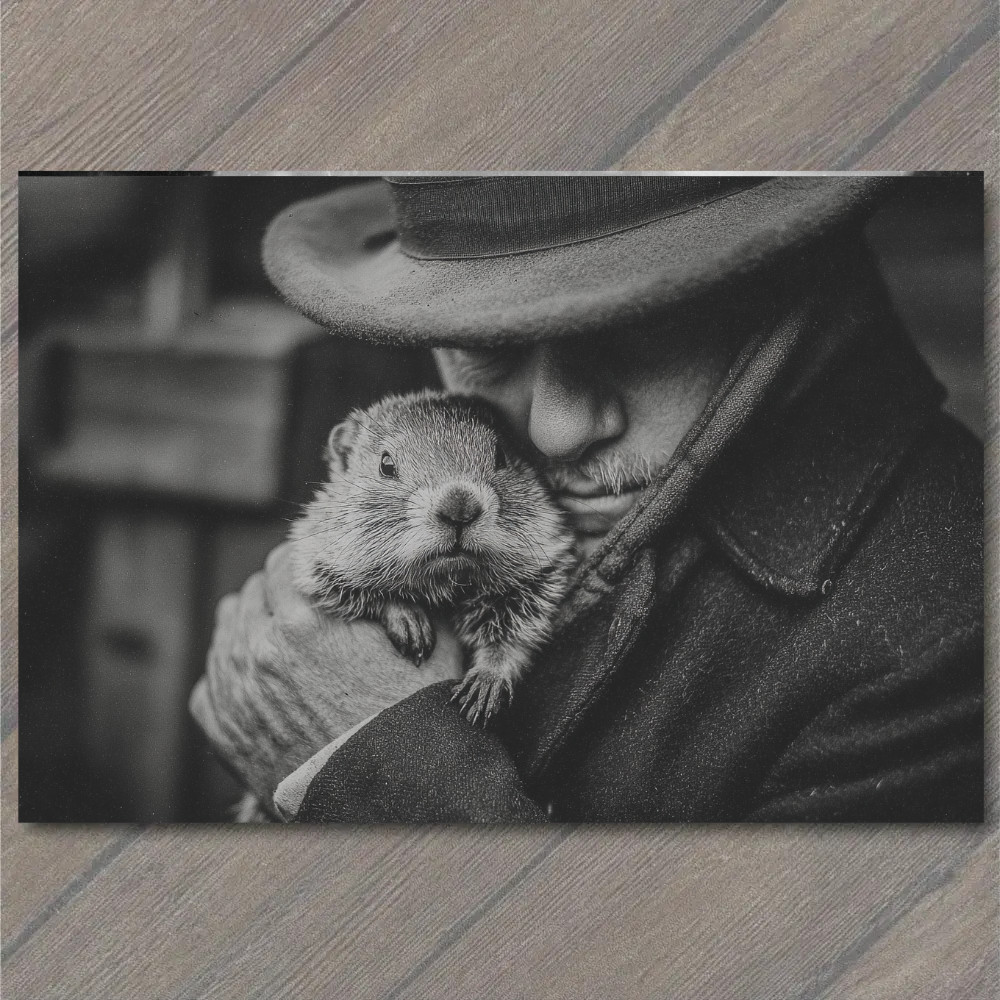 STICKER Groundhog Hug Gentleman Winter Vintage Black White Portrait Close