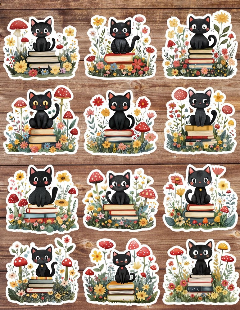 Kitty On Books Die Cut Vinyl Stickers Set Scrapbooking Laptop Water Bottle