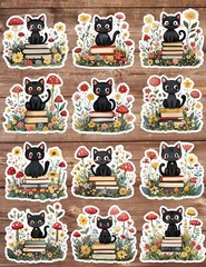 Kitty On Books Die Cut Vinyl Stickers Set Scrapbooking Laptop Water Bottle