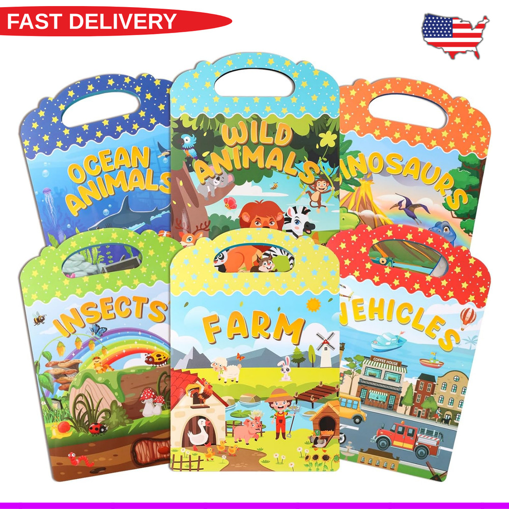 6Pcs Reusable Sticker Books, Sticker Books for Toddlers 2-4 Years, Vehicles Inse