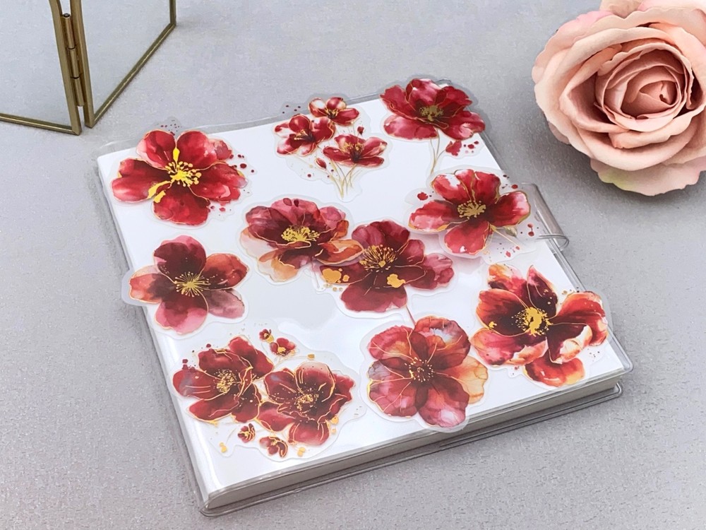 Red flower PET Stickers Pack | flower gold foil watercolor themed PET Sticker