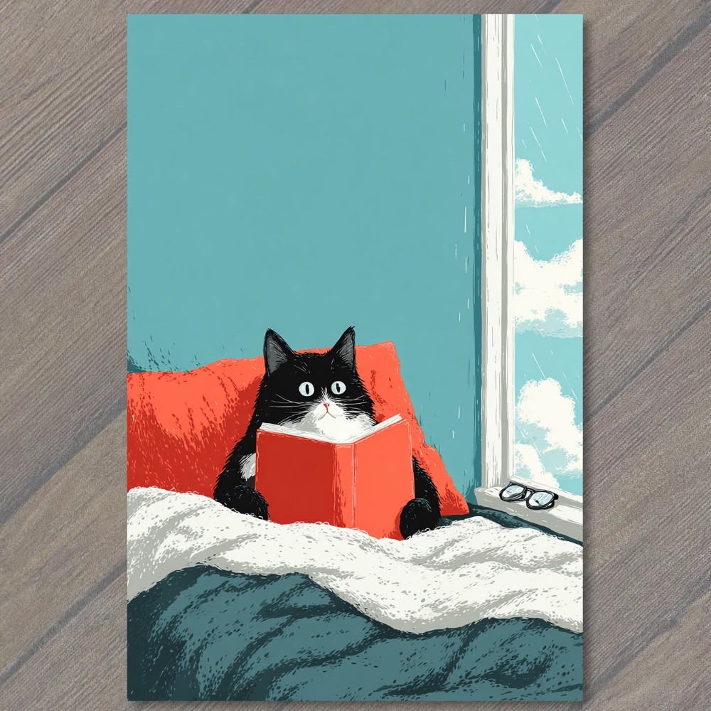 STICKER Tuxedo Cat Reading Book Bed Cozy Window Glasses Whimsical Morning