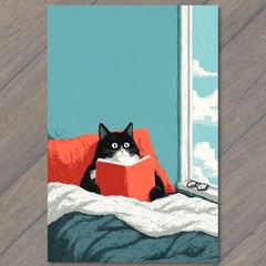 STICKER Tuxedo Cat Reading Book Bed Cozy Window Glasses Whimsical Morning