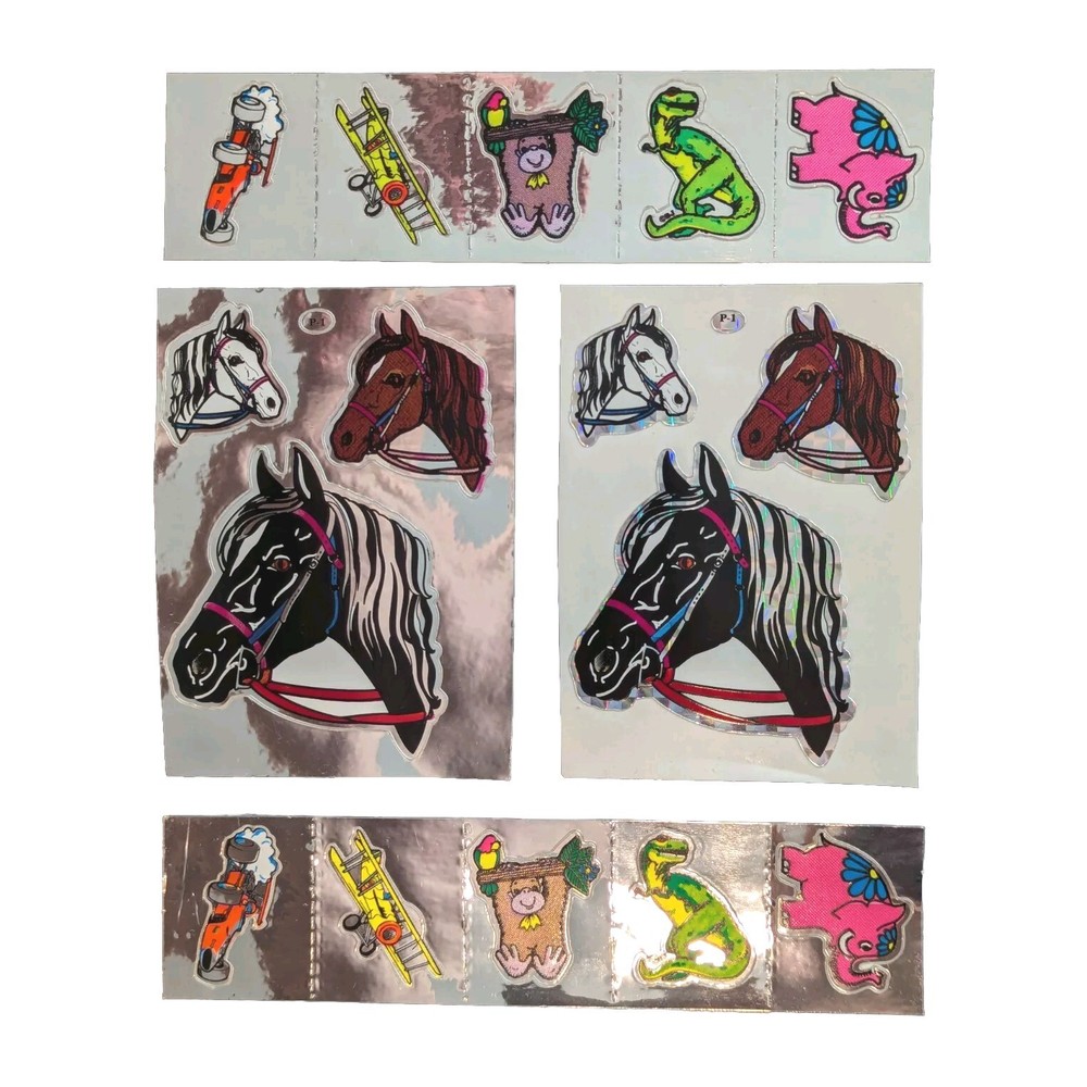 Vintage 80’s Foil Stickers Lot BJ and P-1 Toys & Horse T-Rex Car Gorilla Plane