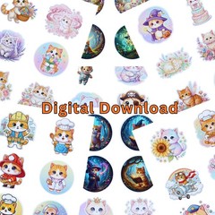 45 Cute Kawaii Cat Digital Stickers – Printable Digital Download | 3×3 Inch