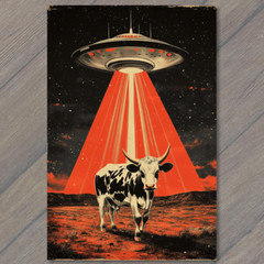 STICKER UFO Cow Abduction Retro Sci-Fi Alien Spaceship Beam Invasion Classic